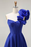 Royal Blue Corset One Shoulder Maxi Prom Dress with Slit