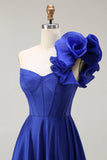 Royal Blue Corset One Shoulder Maxi Prom Dress with Slit