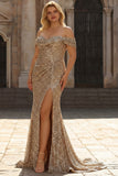 Sparkly Champagne Mermaid Off the Shoulder Maxi Prom Dress with Slit