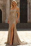 Sparkly Champagne Mermaid Off the Shoulder Maxi Prom Dress with Slit