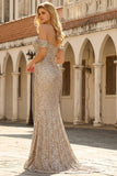 Sparkly Champagne Mermaid Off the Shoulder Maxi Prom Dress with Slit