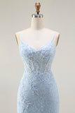 Sparkly Blue Lace Corset Mermaid Long Prom Dress with Slit