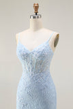 Sparkly Blue Lace Corset Mermaid Long Prom Dress with Slit