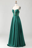 Sparkly Dark Green Corset Long Prom Dress with Rhinestones