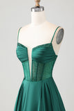 Sparkly Dark Green Corset Long Prom Dress with Rhinestones