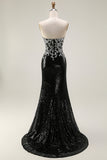 Sparkly Black Silver Strapless Mermaid Long Sequin Prom Dress