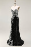 Sparkly Black Silver Strapless Mermaid Long Sequin Prom Dress