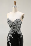Sparkly Black Silver Strapless Mermaid Long Sequin Prom Dress
