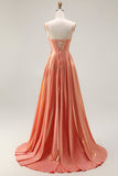 Sparkly Orange Spaghetti Straps Corset Long Metallic Prom Dress