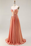 Sparkly Orange Spaghetti Straps Corset Long Metallic Prom Dress
