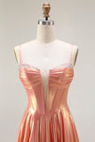 Sparkly Orange Spaghetti Straps Corset Long Metallic Prom Dress
