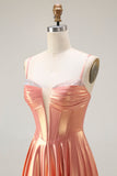 Sparkly Orange Spaghetti Straps Corset Long Metallic Prom Dress