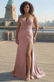 Sparkly Blush Mermaid Corset Maxi Prom Dress with Slit