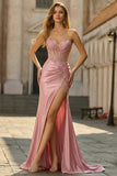 Sparkly Blush Mermaid Corset Maxi Prom Dress with Slit