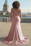 Sparkly Blush Mermaid Corset Maxi Prom Dress with Slit