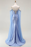 Sparkly Blue Mermaid Cold Shoulder Corset Long Prom Dress with Detachable Cape