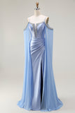 Sparkly Blue Mermaid Cold Shoulder Corset Long Prom Dress with Detachable Cape