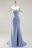 Sparkly Blue Mermaid Cold Shoulder Corset Long Prom Dress with Detachable Cape