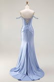 Sparkly Blue Mermaid Cold Shoulder Corset Long Prom Dress with Detachable Cape