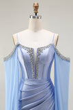 Sparkly Blue Mermaid Cold Shoulder Corset Long Prom Dress with Detachable Cape