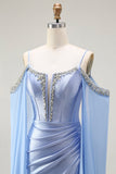 Sparkly Blue Mermaid Cold Shoulder Corset Long Prom Dress with Detachable Cape