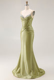Sparkly Green Corset Spaghetti Straps Mermaid Long Prom Dress