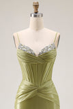 Sparkly Green Corset Spaghetti Straps Mermaid Long Prom Dress
