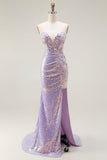 Sparkly Lilac Corset Mermaid Long Prom Dress with Slit