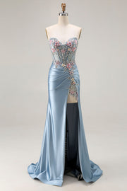 Floral Satin Grey Blue Mermaid Ruched Long Corset Prom Dress with Slit