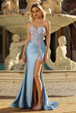 Floral Grey Blue Satin Mermaid Ruched Long Corset Prom Dress with Slit