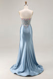 Floral Satin Grey Blue Mermaid Ruched Long Corset Prom Dress with Slit
