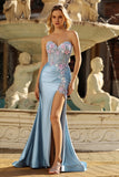 Floral Grey Blue Satin Mermaid Ruched Long Corset Prom Dress with Slit