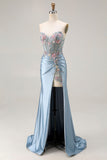 Floral Satin Grey Blue Mermaid Ruched Long Corset Prom Dress with Slit