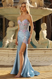 Floral Grey Blue Satin Mermaid Ruched Long Corset Prom Dress with Slit