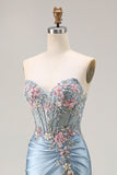 Floral Satin Grey Blue Mermaid Ruched Long Corset Prom Dress with Slit