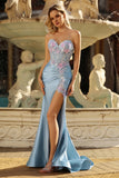 Floral Grey Blue Satin Mermaid Ruched Long Corset Prom Dress with Slit
