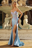 Floral Grey Blue Satin Mermaid Ruched Long Corset Prom Dress with Slit
