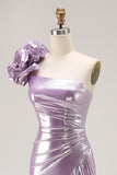 Sparkly Light Purple Mermaid Metallic Ruffled Long Prom Dress with 3D Flower