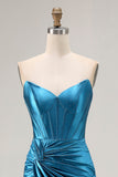 Royal Blue Satin Mermaid Ruched Maxi Corset Prom Dress with Slit