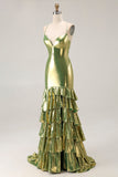 Gold Tiered Metallic Mermaid Long Prom Dress with Ruffles