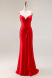 Red Ruched Satin Mermaid Maxi Corset Prom Dress
