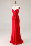 Red Ruched Satin Mermaid Maxi Corset Prom Dress