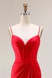 Red Ruched Satin Mermaid Maxi Corset Prom Dress