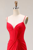 Red Ruched Satin Mermaid Maxi Corset Prom Dress