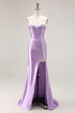 Purple Sweetheart Satin Mermaid Ruched Long Corset Prom Dress with Slit