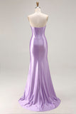 Purple Sweetheart Satin Mermaid Ruched Long Corset Prom Dress with Slit