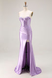 Purple Sweetheart Satin Mermaid Ruched Long Corset Prom Dress with Slit