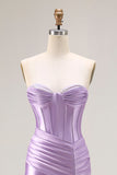 Purple Sweetheart Satin Mermaid Ruched Long Corset Prom Dress with Slit