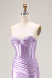Purple Sweetheart Satin Mermaid Ruched Long Corset Prom Dress with Slit