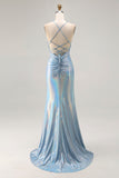 Sparkly Light Blue Mermaid Ruched Metallic Long Prom Dress